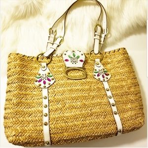 Guess Straw & Studded Leather Jeweled Beach Bag